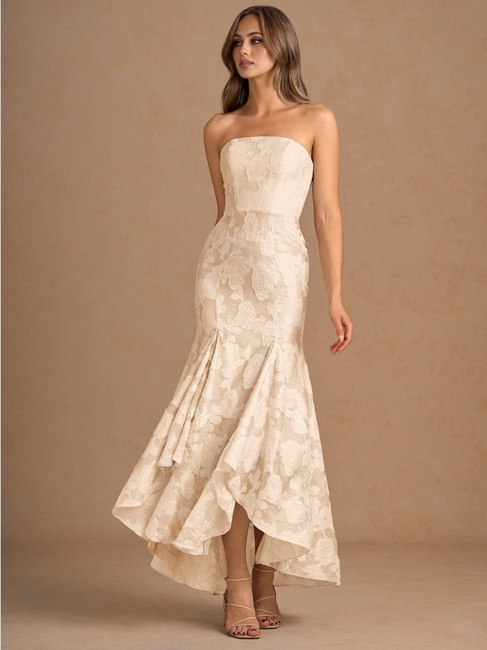 Azazie Strapless Lace High-Low Gown in Cream